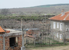houses and Roman wall