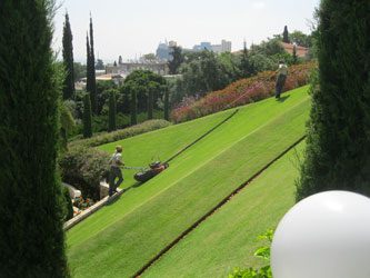 lower terraces, mowing lawn