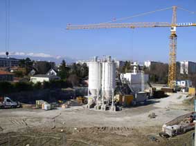 crane and cement mixer